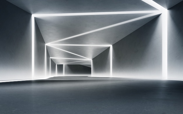 Abstrakcyjny projekt wnętrz Rendering 3D nowoczesnego salonu z betonowym tłem korytarza
