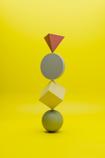 Abstrakcyjny render 3d wielokolorowych obiektów geometrycznych na żółtej powierzchni