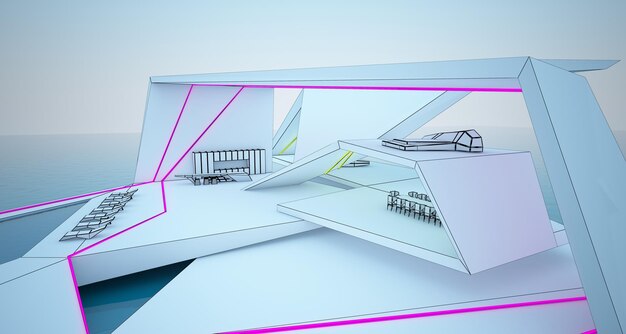 Zdjęcie abstrakcyjny rysunek architektoniczny białego wnętrza nowoczesnej willi nad morzem z kolorowym neonem