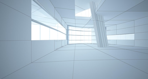 Abstrakcyjny rysunek białej wielopoziomowej przestrzeni publicznej z wielopoziomowym wnętrzem z oknem Wielokąt czarny rysunek 3D
