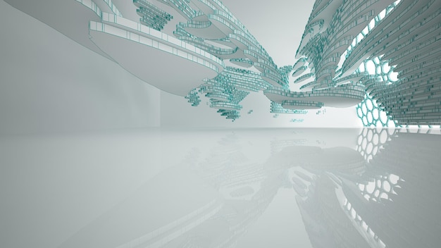 Abstrakcyjny rysunek białej wnętrza wielopoziomowej przestrzeni publicznej z ilustracją 3d okna i renderowaniem