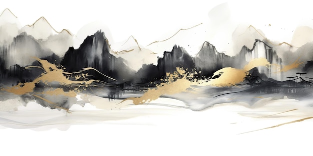 Abstrakcyjny rysunek geometryczny malarstwo szkic atrament złota brązowa góry wzgórza skały