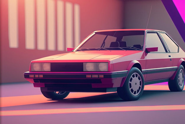 Abstrakcyjny samochód retro w stylu lat 80. Zabytkowy projekt motoryzacyjny w neonach Wygenerowano sztuczną inteligencję
