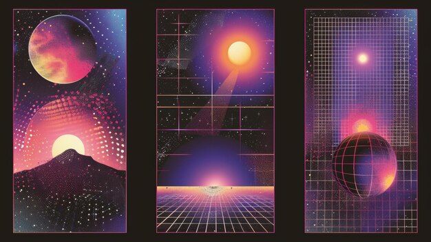Abstrakcyjny szablon plakatu w stylu y2k retro z elementami geometrycznymi i pudełkiem tekstowym Zestaw vintage estetycznych banerów kosmicznych z gwiazdami, pęknięciami kolumnami ramki drutowej i kulami