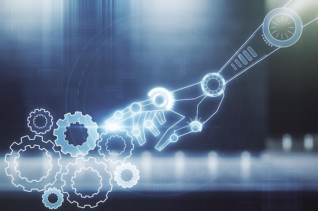 Abstrakcyjny szkic technologii wirtualnej robotyki na zewnętrznym tle współczesnego centrum biznesowego Przyszła technologia i koncepcja sztucznej inteligencji Podwójna ekspozycja