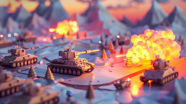 Zdjęcie abstrakcyjny versus realistyczny widok wojny w uroczym stylu 3d wygenerowanym przez sztuczną inteligencję