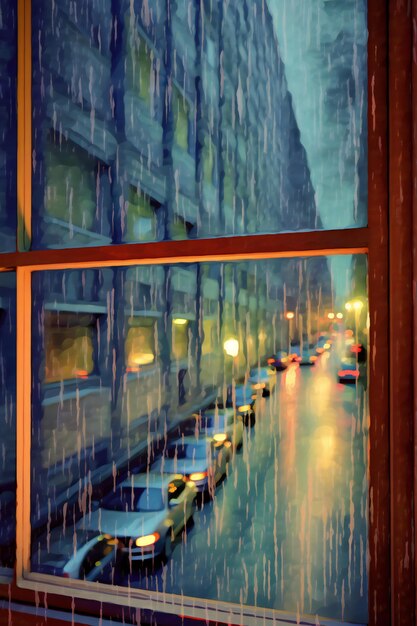 Abstrakcyjny widok na miasto przez okno w nocy z ulewnym deszczem