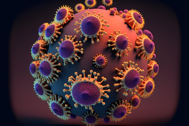 Abstrakcyjny widok wirusa indluenzy lub nowego koronawirusa covid 19 przez mikroskop Sztuka wygenerowana przez sieć neuronową
