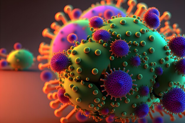Abstrakcyjny widok wirusa indluenzy lub nowego koronawirusa covid 19 przez mikroskop Sztuka wygenerowana przez sieć neuronową