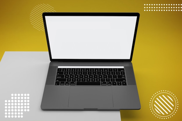 Abstrakcyjny widok z przodu laptopa na żółtym tle