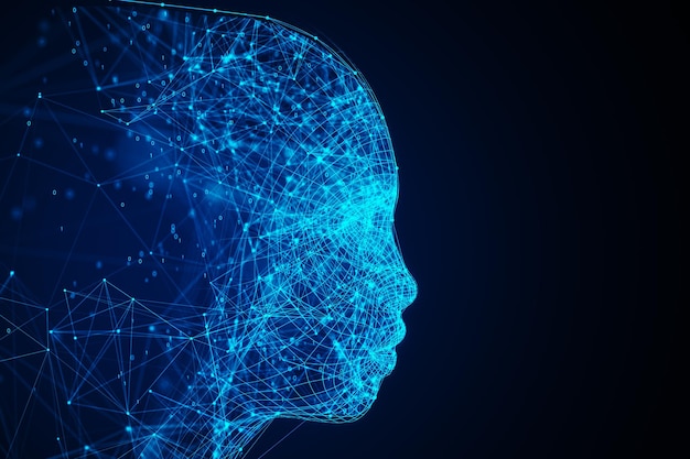 Abstrakcyjny wielokątny zarys głowy na ciemnym tle z makietą miejsca AI i koncepcja ludzkiego umysłu Renderowanie 3D