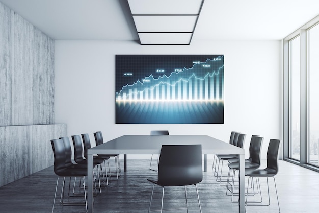 Abstrakcyjny wykres finansowy na ekranie telewizora w nowoczesnej sali prezentacyjnej koncepcja finansów i handlu Renderowanie 3D