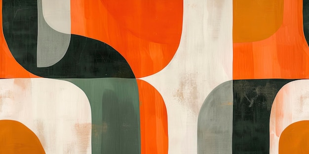 Abstrakcyjny wzór z pomarańczowymi, zielonymi, białymi i szarymi tonami, zaokrąglone kształty i wyciszone kolory, tekstylia zablokowane