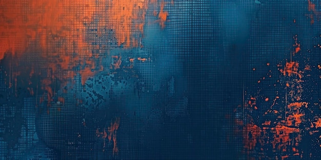 Abstrakcyjny zasłonięty ekran z pomarańczowym hałasem uszkodzenia na niebieskiej skrawionej teksturze