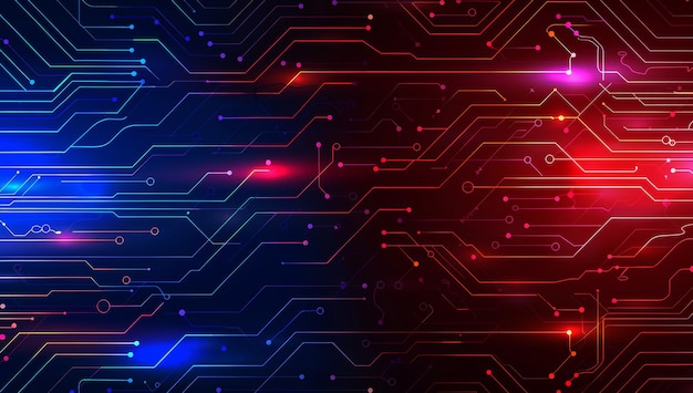 Abstrakt cyfrowa płytka obwodowa z świecącymi liniami w kolorze czerwonym i niebieskim