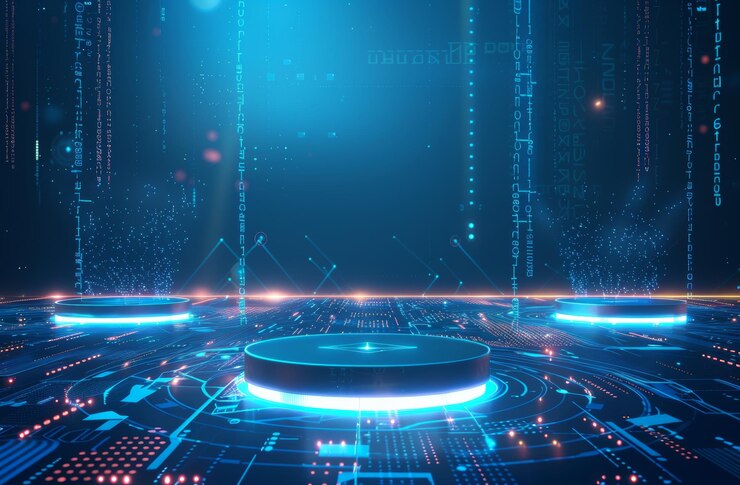 Zdjęcie abstrakt futuristyczne niebieskie tło z technologicznymi elementami hologramowymi