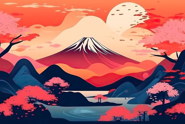 Abstrakt japoński krajobraz z ilustracją gór