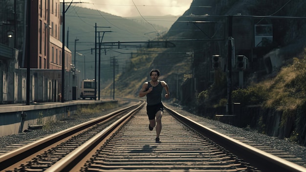 Absurdalny uciekający młody człowiek biegający po kolei