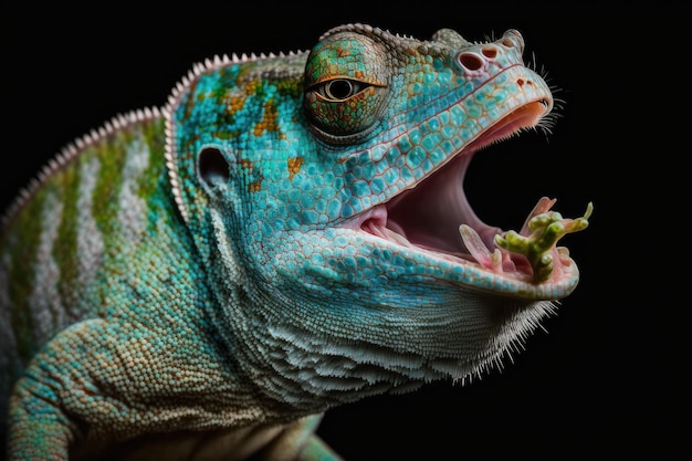 Aby złapać świerszcza, młody Ambilobe Panther Chameleon wystawił język