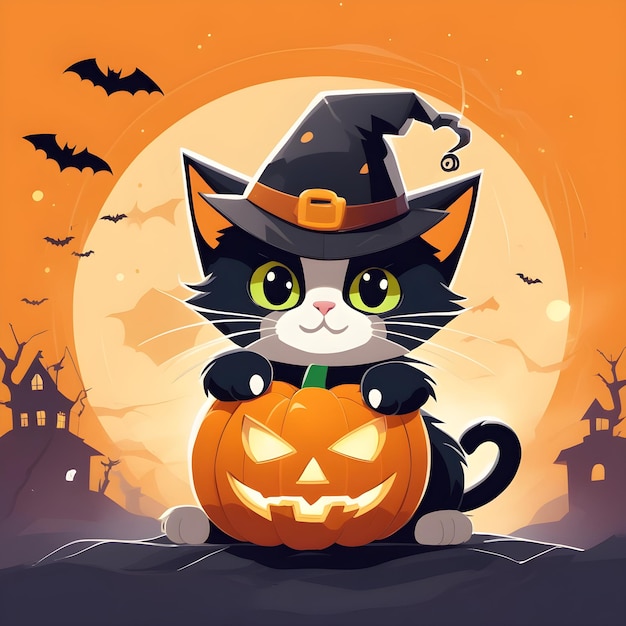 adorabe halloween kitty w kostiumie na halloween z dyniami