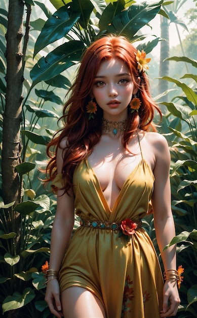 Adorable dżungli dziewczyna pozuje Piękna dziewczyna w lesie Dziewczyna pozuje w kwiatach