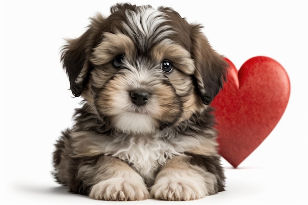 Adorable puppy Havanese pies sobie czerwone serce na białym tle