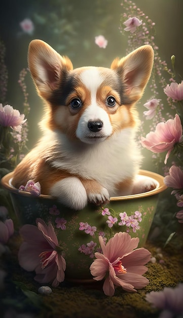 Adorable Puppy in a Teacup AI generative