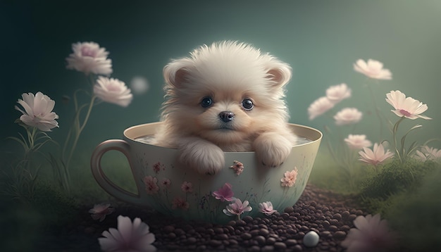 Adorable Puppy in a Teacup AI generative