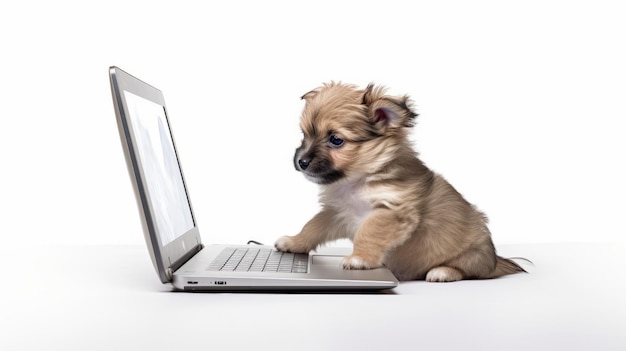 Adorable Puppy Przy Użyciu Laptopa W Białym Tle