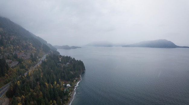 Aerial Sea to Sky Hwy w Howe Sound