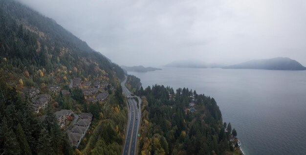 Aerial Sea to Sky Hwy w Howe Sound