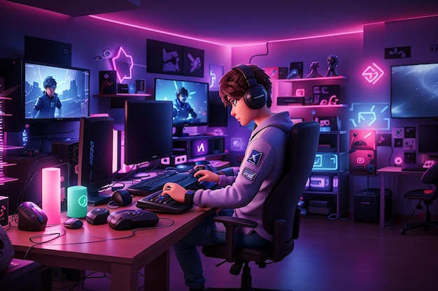 Aestetyka gry Gamer gra w pokoju Gamer Room Gamer Room design 4k hdr neon miękkie światła światła gry motyw gier wideo