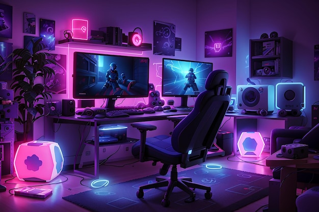 Aestetyka gry Gamer gra w pokoju Gamer Room Gamer Room design 4k hdr neon miękkie światła światła gry motyw gier wideo