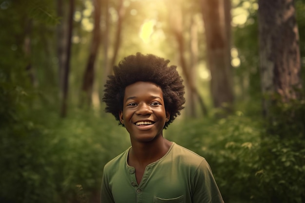 Afro amerykański chłopiec las Uśmiech dziecka Generuj Ai