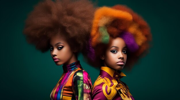 Zdjęcie afro dziecięca modelka w królewskim autentycznym stroju ubierz pełny makijaż i kolorowe kręcone włosy