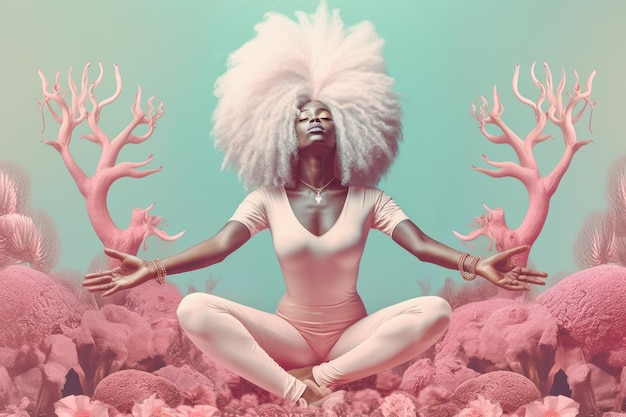 Afro kobieta z długimi siwymi włosami robi asanę jogi pod wodą w oceanie Realistyczna kreatywna ilustracja generatywna ai