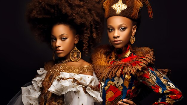 Afro modelka dla dzieci w królewskim autentycznym kostiumie Ubierz pełny makijaż i kolorowe kręcone włosy