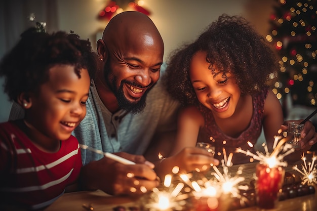 Afro ojciec i dzieci świętujące Boże Narodzenie Wygenerowano sztuczną inteligencję