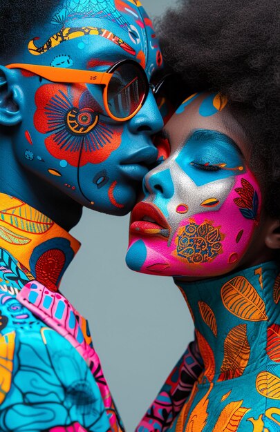 Afro para ozdobiona kolorowymi, skomplikowanymi farbami na ciele w żywych odcieniach Koncepcja różnorodności płciowej