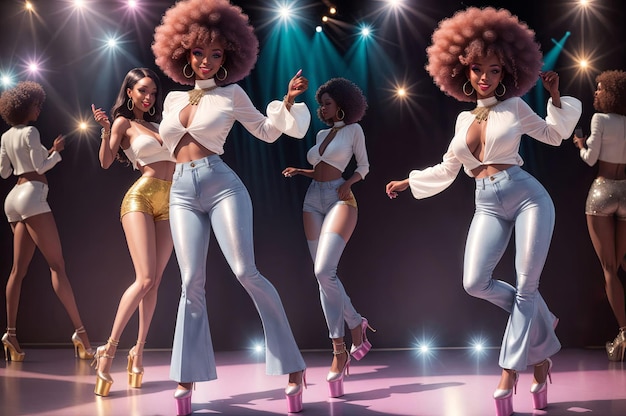 Zdjęcie afro włosy disco taniec błyszcząca żywa scena z lustrzanymi kształtami i wirującymi światłami uchwycający esencję tańca disko z wskazówkami piłek disko i butów platformy