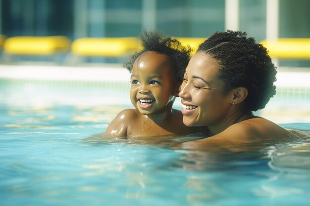 Afroamerykanie kobieta i dziecko w basenie
