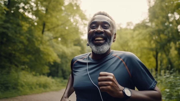 Afroamerykanin biegający po parku i słuchający muzyki Generative AI