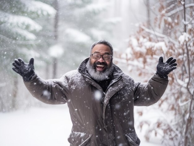 Afroamerykanin cieszy się zimowym śnieżnym dniem w zabawnej, emocjonalnej, dynamicznej pozycji.