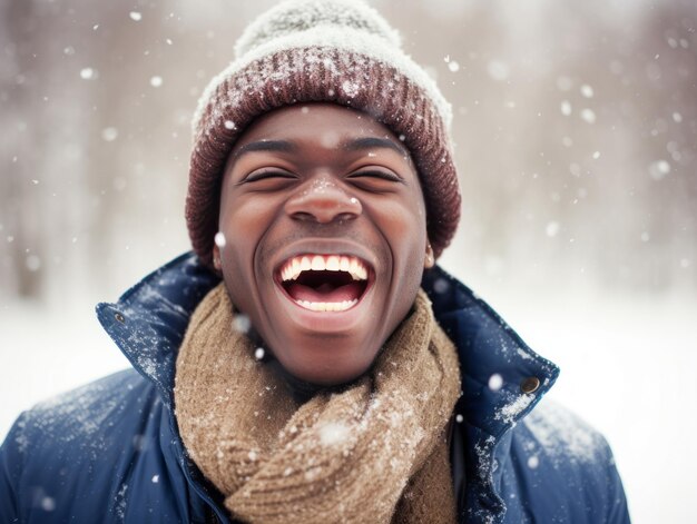 Afroamerykanin cieszy się zimowym śnieżnym dniem w zabawnej, emocjonalnej, dynamicznej pozycji.