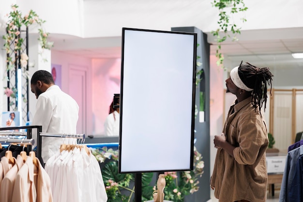 Afroamerykanin klient korzystający z inteligentnej tablicy z pustym ekranem do sprawdzania informacji o kolekcji butów w centrum handlowym. Mężczyzna badający promocję na tablicy w domu towarowym