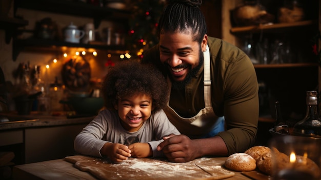Afroamerykanin ojciec i syn ugniatają ciasto w kuchni, gotując razem w domu