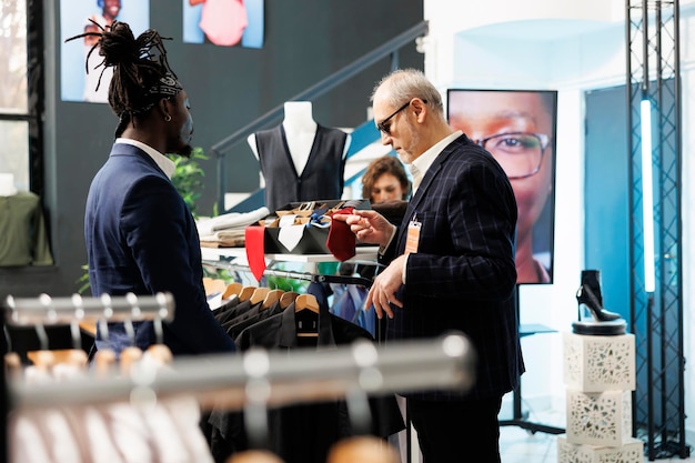 Afroamerykanin pomagający klientowi w codziennym noszeniu, omawiający materiał krawatowy w sklepie odzieżowym. Starszy mężczyzna kupuje formalny garnitur, kupuje modne ubrania i stylowe towary
