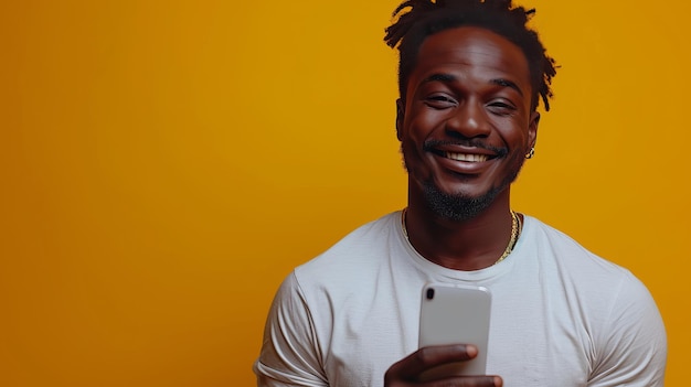 Afroamerykanin pozujący na żółtym tle w studiu z ekranem telefonu komórkowego polecającym aplikację uśmiechającą się do kamery