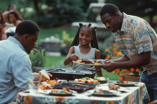 Afroamerykanin serwuje talerz jedzenia młodej dziewczynie siedzącej przy stole i cieszącej się grillem.