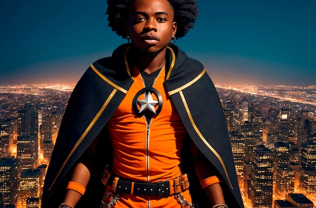 Afroamerykanin superbohaterem Portret czarnego mężczyzny w fantastycznym kostiumie Generacyjna sztuczna inteligencja